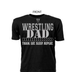 Comfortable 100% Pre Shrunk Cotton Wrestling Dad Black Tee With Grey Lettering - Front View Shows Support For Son/Daughter Wrestler
