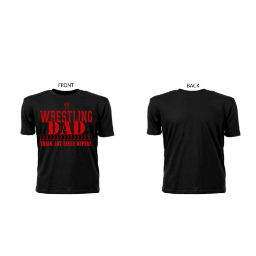 Comfortable 100% Pre Shrunk Cotton Wrestling Dad Black Tee With Red Lettering Showing Front And Back Views | Ideal Tee Shirt For Supporting Son/Daughter Wrestler