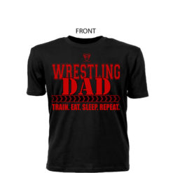 Comfortable 100% Pre Shrunk Cotton Wrestling Dad Black Tee With Red Lettering - Front View Shows Support For Son/Daughter Wrestler