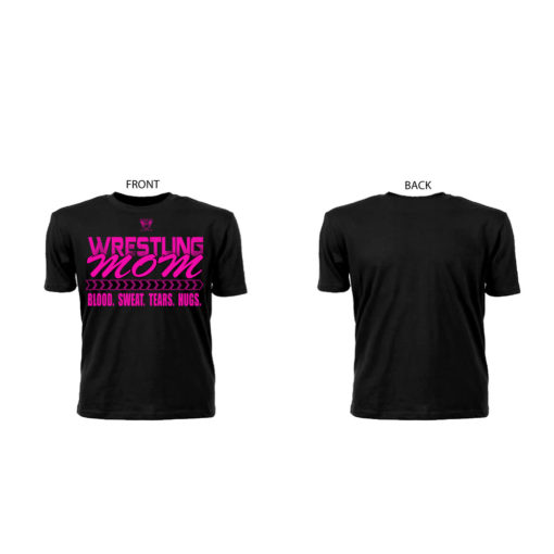 Comfortable Ringspun Wrestling Mom Black Tee With Pink Lettering showing Front And Back Views | Ideal Tee Shirt For Supporting Son/Daughter Wrestler