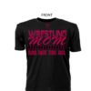 Comfortable Ringspun Wrestling Mom Black Tee With Purple Lettering - Front View Shows Support For Son/Daughter Wrestler