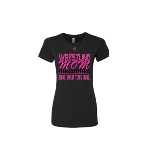 Comfortable 100% Combed Ringspun Cotton Wrestling Mom Babydoll Style Black Tee With Pink Lettering - Front View Shows Support For Son/Daughter Wrestler