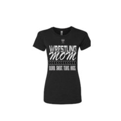 Comfortable 100% Combed Ringspun Cotton Wrestling Mom Babydoll Style Black Tee With White Lettering - Front View Shows Support For Son/Daughter Wrestler