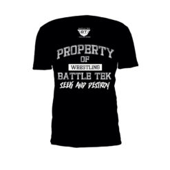Black Property Of Battle Tek Lightweight 100% Micro Mesh Polyester Performance Tee - Front View Makes The Statement: Seek And Destroy