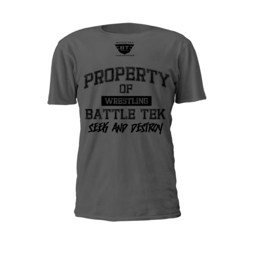 Grey Property Of Battle Tek Lightweight 100% Micro Mesh Polyester Performance Tee - Front View Makes The Statement: Seek And Destroy