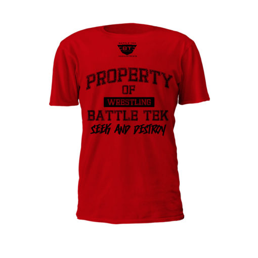 Red Property Of Battle Tek Lightweight 100% Micro Mesh Polyester Performance Tee - Front View Makes The Statement: Seek And Destroy
