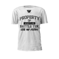 White Property Of Battle Tek Lightweight 100% Micro Mesh Polyester Performance Tee - Front View Makes The Statement: Seek And Destroy